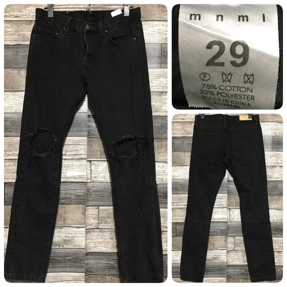 MNML Slim Skinny Jeans Men’s 29x30 Black Button Fly Distressed Ripped Knees - Picture 1 of 9